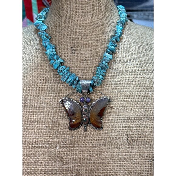 Native American Zuni Leonard Martza's Rare Butterfly Necklace Agate & Turquoise - Picture 1 of 9